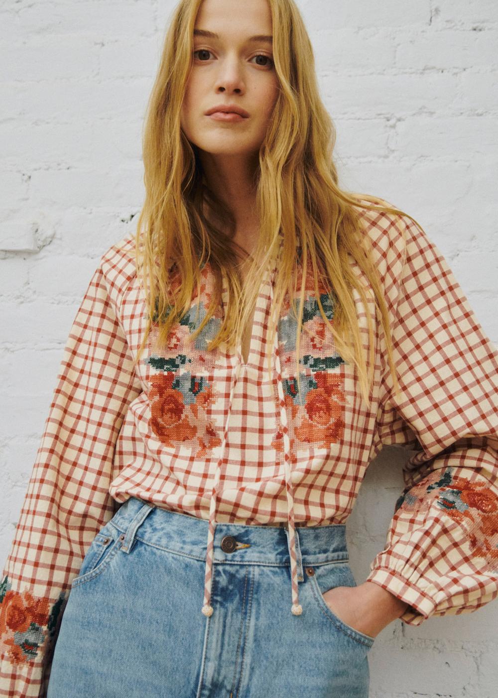 Aquila Blouse - Sézane x SEA NY - Checked Print With Floral Embroidery