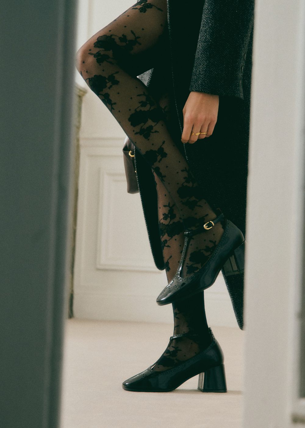 Floral Dotted Swiss Tights - Black