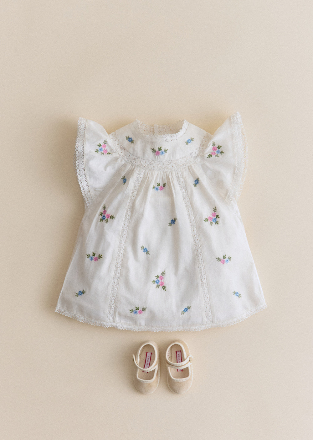 Dorrie Dress - Placed Multicolored Flowers Embroidery On Cream