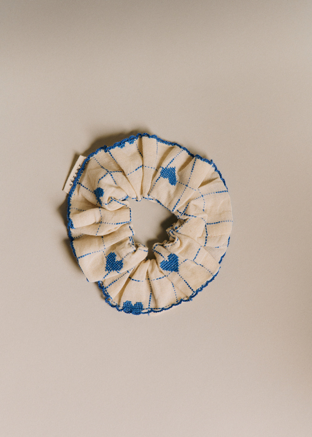 Scrunchie - Vintage Blue Hearts Embroidery