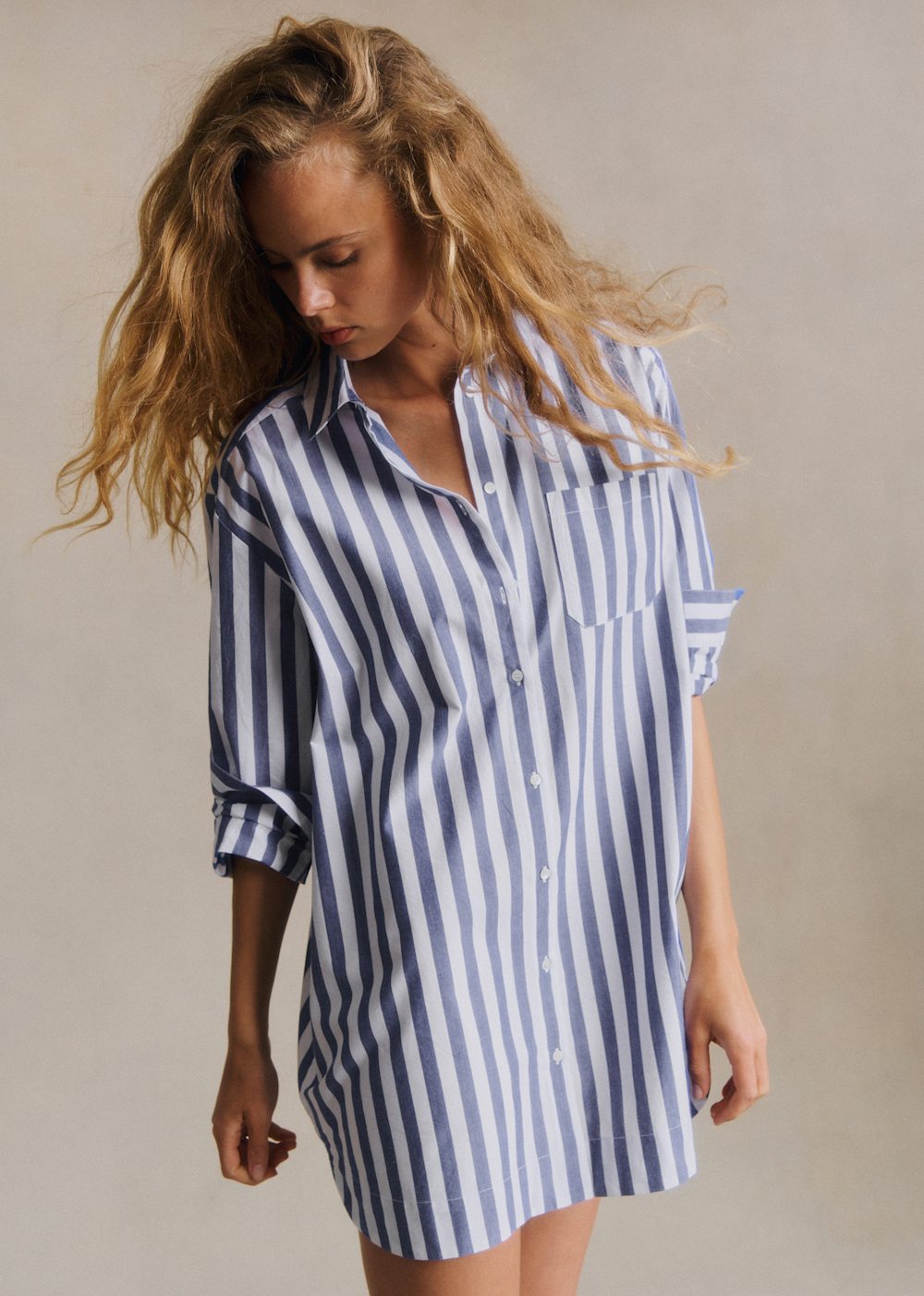 Maxine Dress - Ecru With Blue Stripes