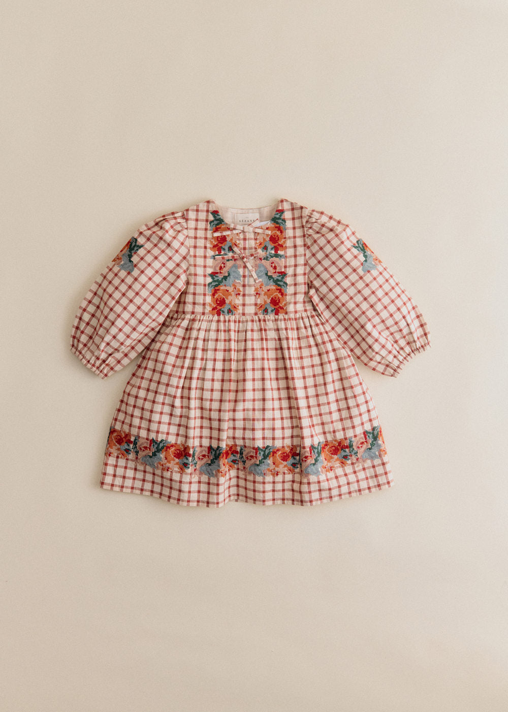 Dakila Dress - Sézane x SEA NY - Earth Colored Placed Embroidery On Checked Background