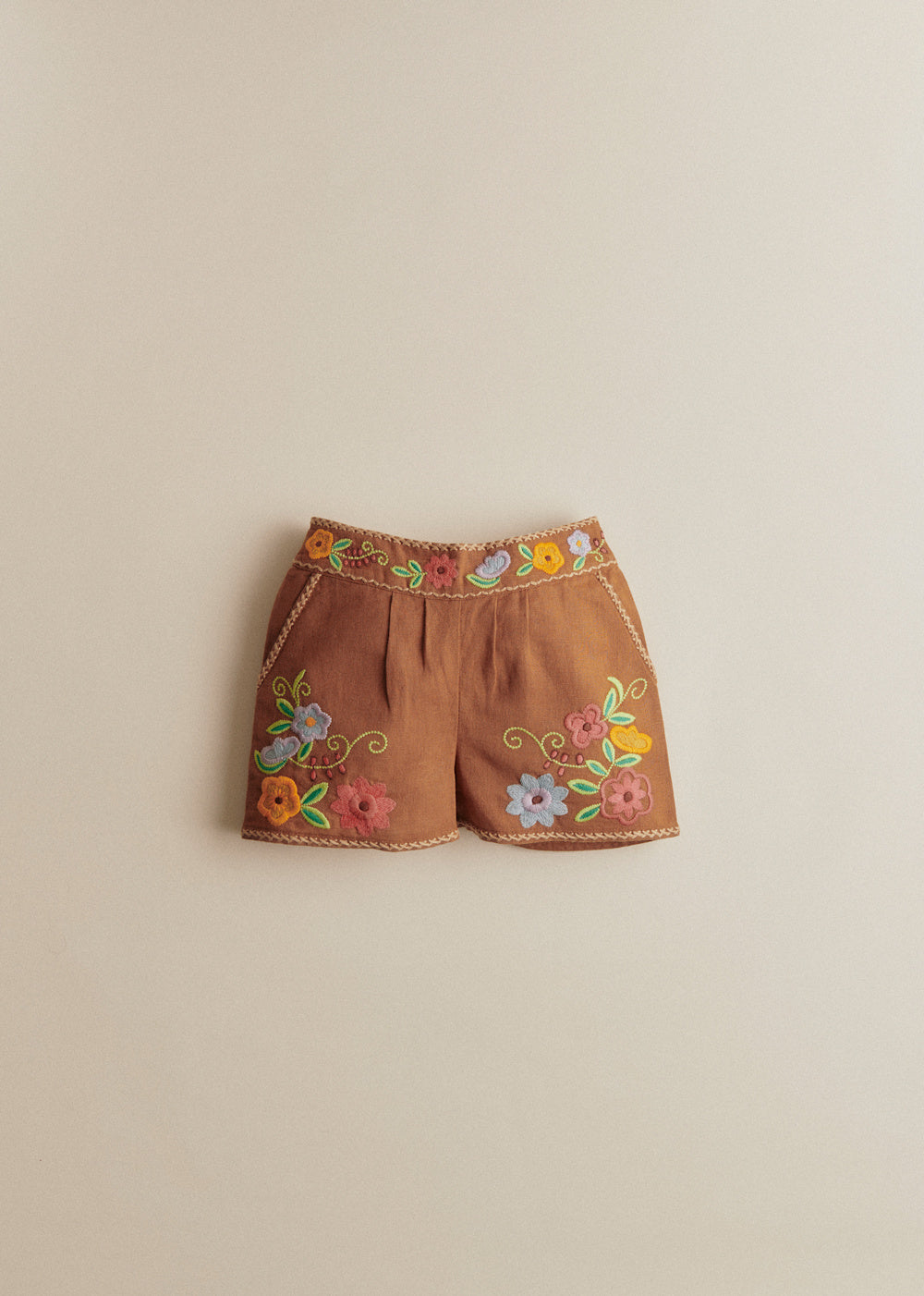 Rachelle Shorts - Contrasting Embroidery Brown Background