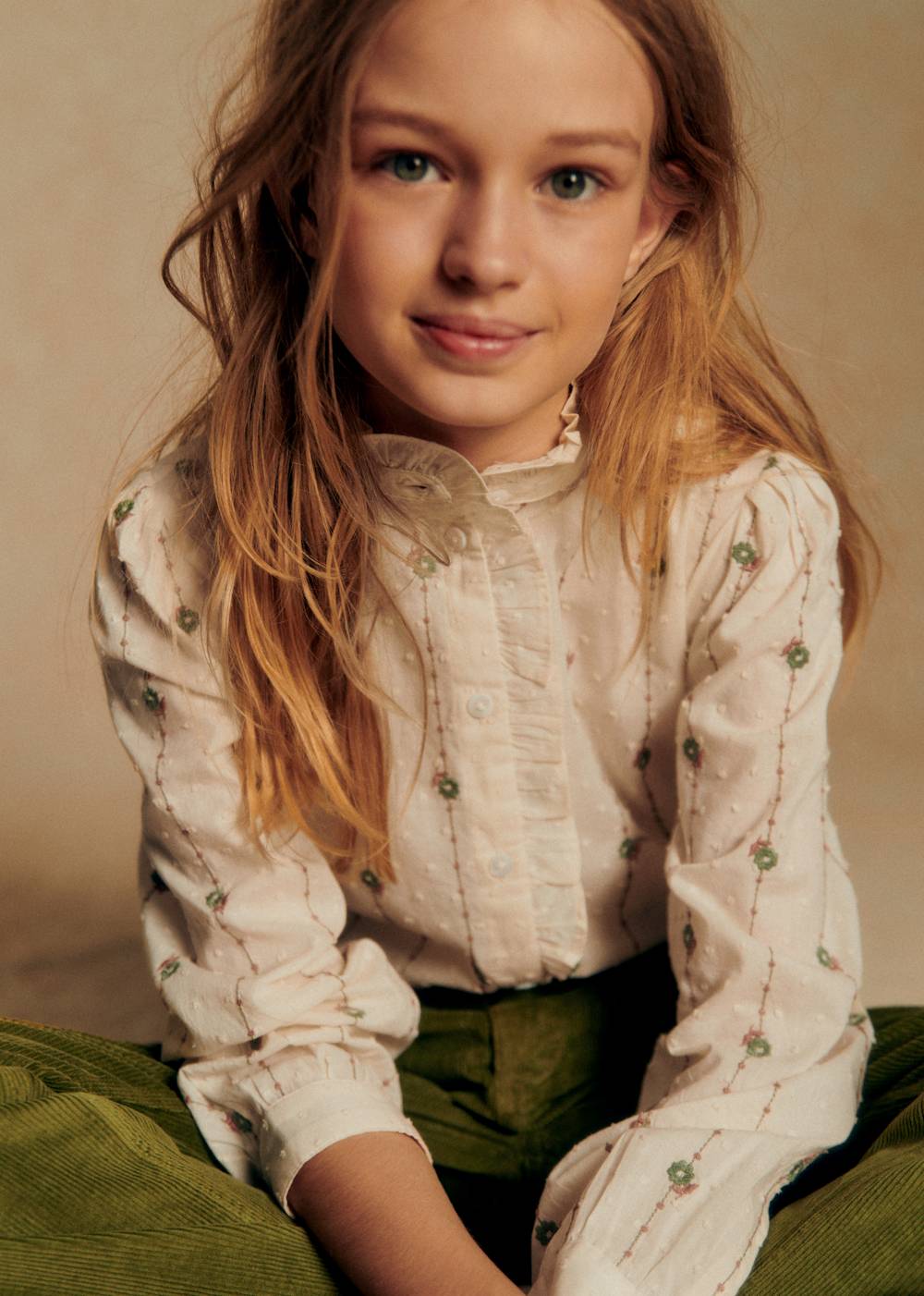 Chlo Shirt - Sage Camel Embroidery On Ecru