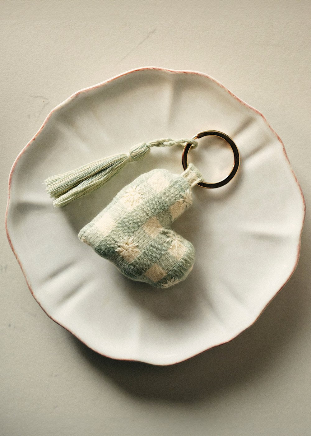 Embroidered Heart Keyring - Checkered Sage