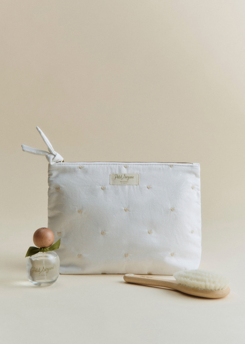 Zippered Toiletry Bag - White Beige Heart Embroidery