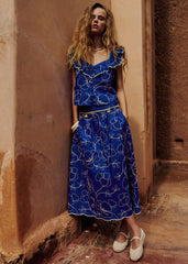 Siloé Skirt - Azure Blue With Constrasting Ecru Embroidery