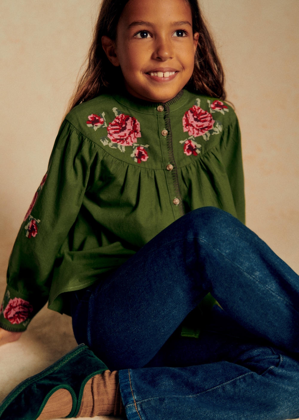 Orla Shirt - Petit Sézane x Baziszt - Green With Floral Embroidery