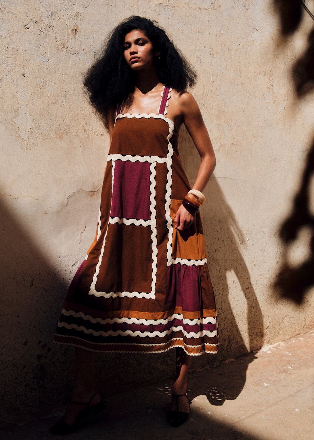 Jackson Dress - Brown Camel Burgundy Patchwork
