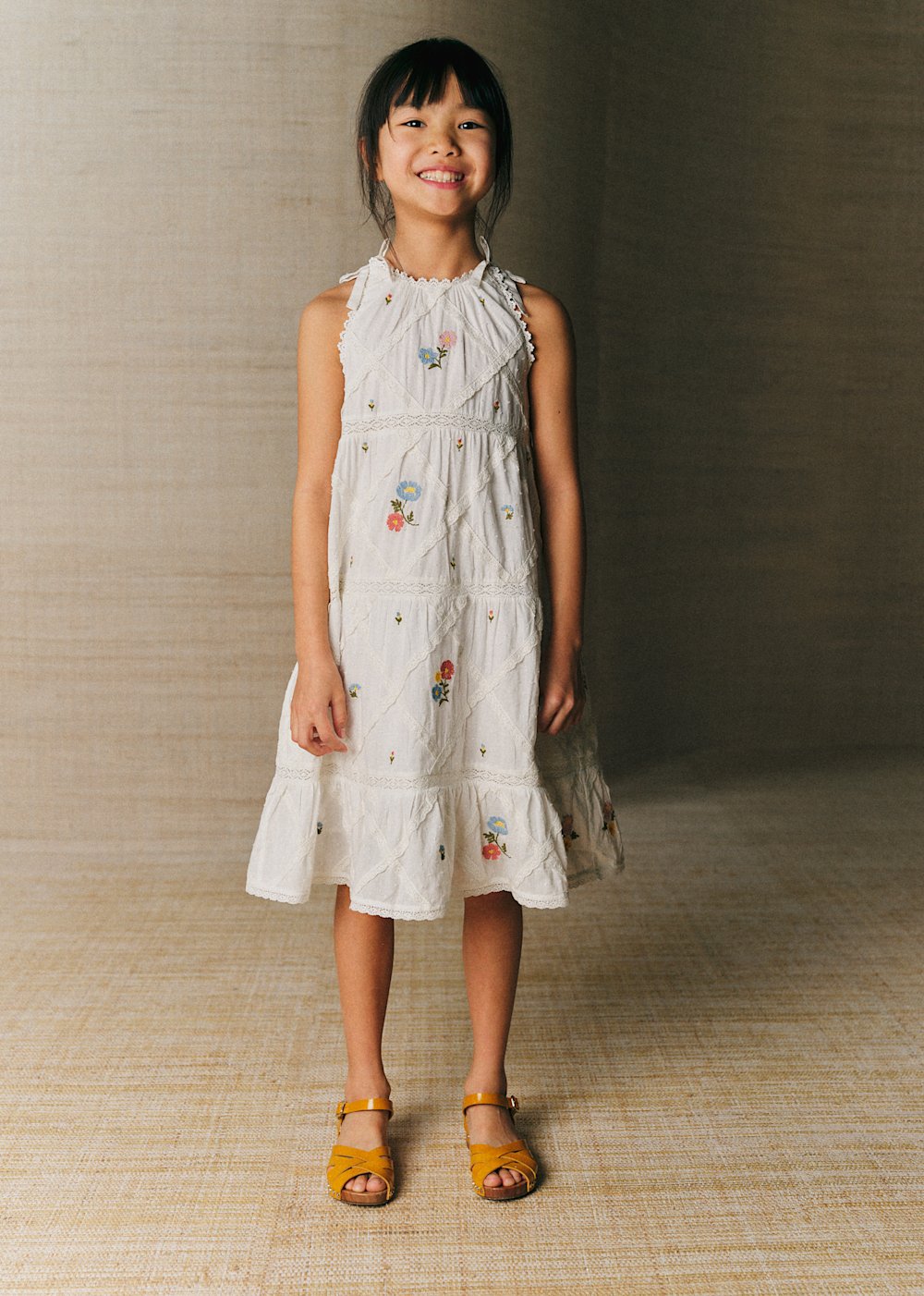 Rebecca Dress - Ecru With Contrasting Tricolor Embroidery