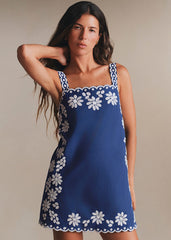 Victoire Dress - Ocean Blue With Ecru Floral Embroidery