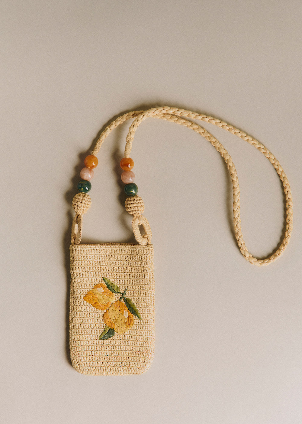 Tasha Crossbody Pouch - Raffia With Lemon Embroidery
