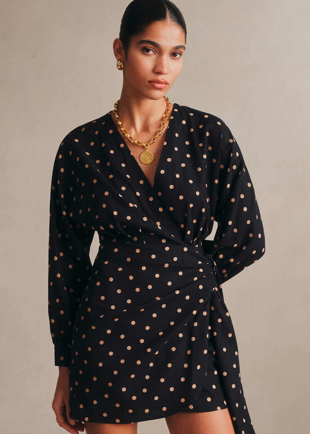 ALICE Dress - Beige Polka Dots Black Background Print