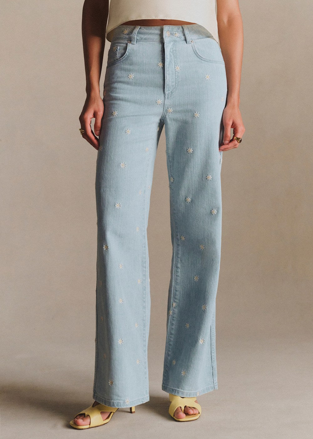 New 70's Trousers - Ecru Embroidery Bleach Background