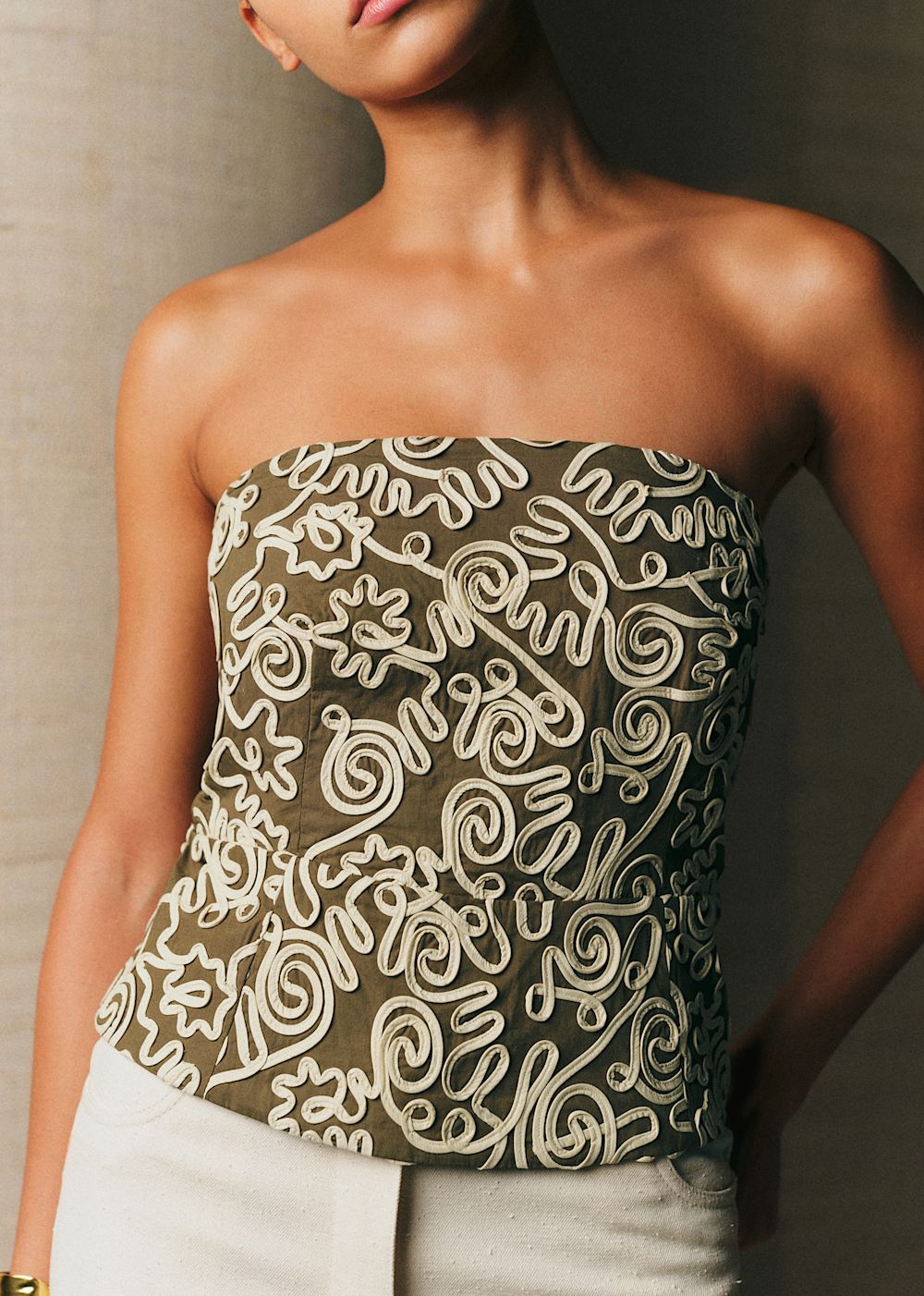 Adriel Top - Khaki With Cream Dori Embroidery