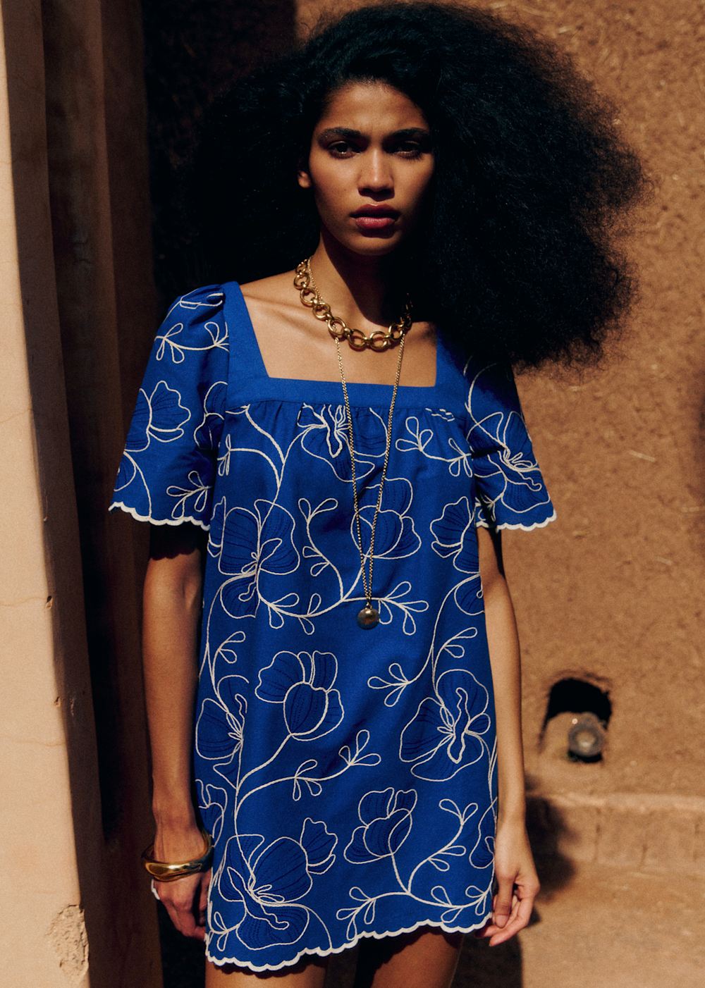 Juliana Dress - Azure Blue With Constrasting Ecru Embroidery