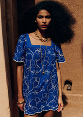 Juliana Dress - Azure Blue With Constrasting Ecru Embroidery