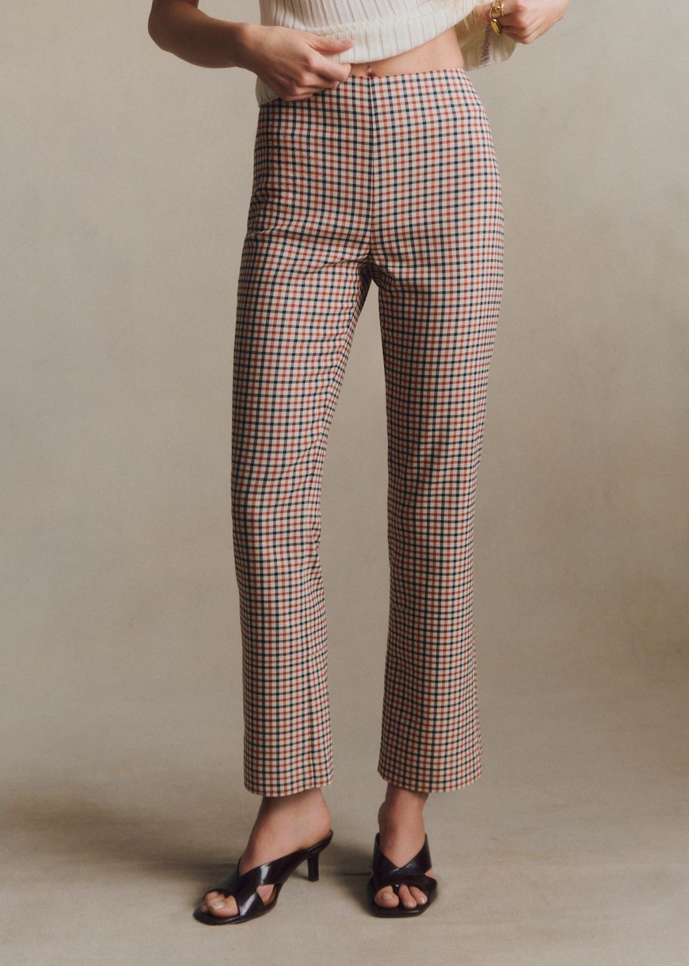 Ciara Trousers - Navy Ecru And Earth Tone Checks