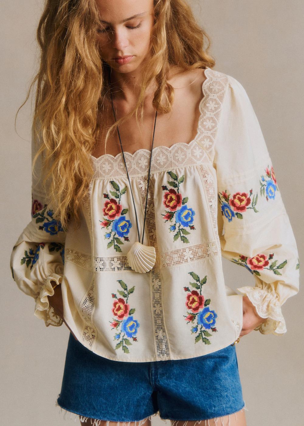 Syara Blouse - Ecru With Placed Multicolored Ecru Embroidery
