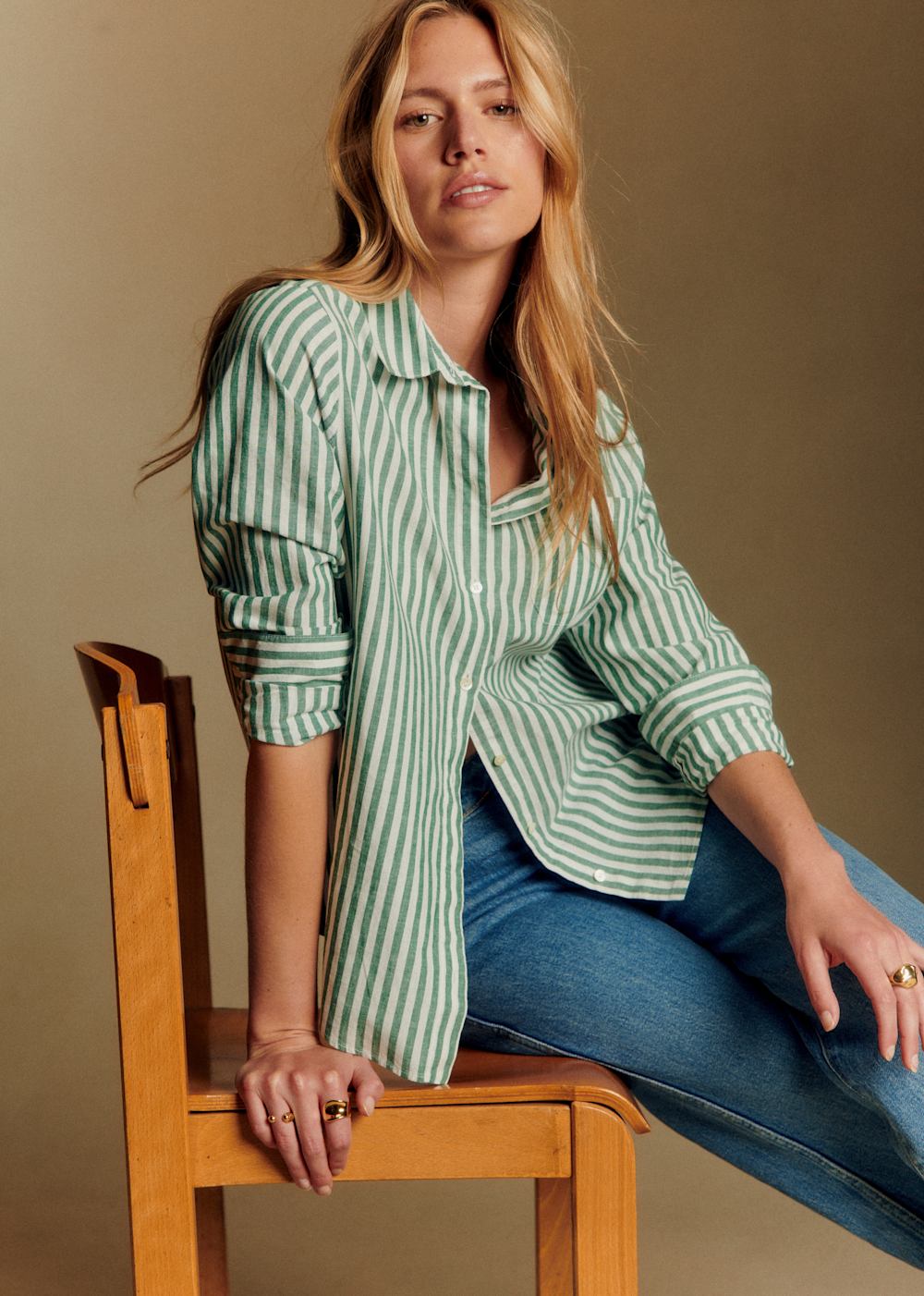 Tomboy Shirt - Ecru Green Stripes