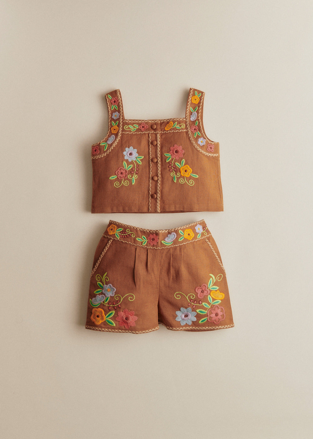 Paloma Top - Contrasting Embroidery Brown Background
