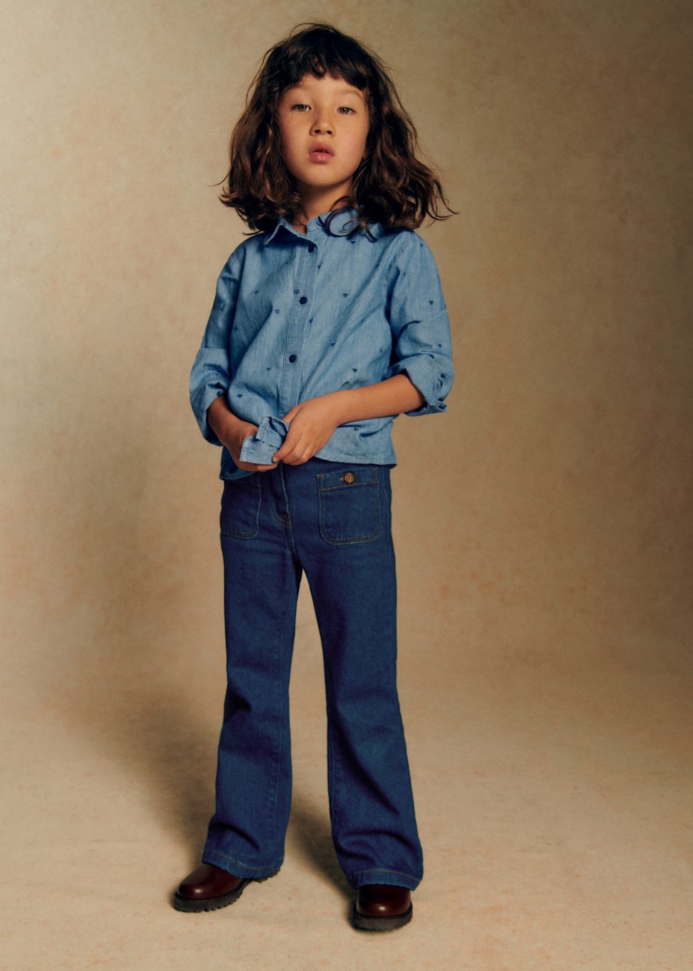 Pierro Shirt - Chambray With Embroidered Navy Hearts