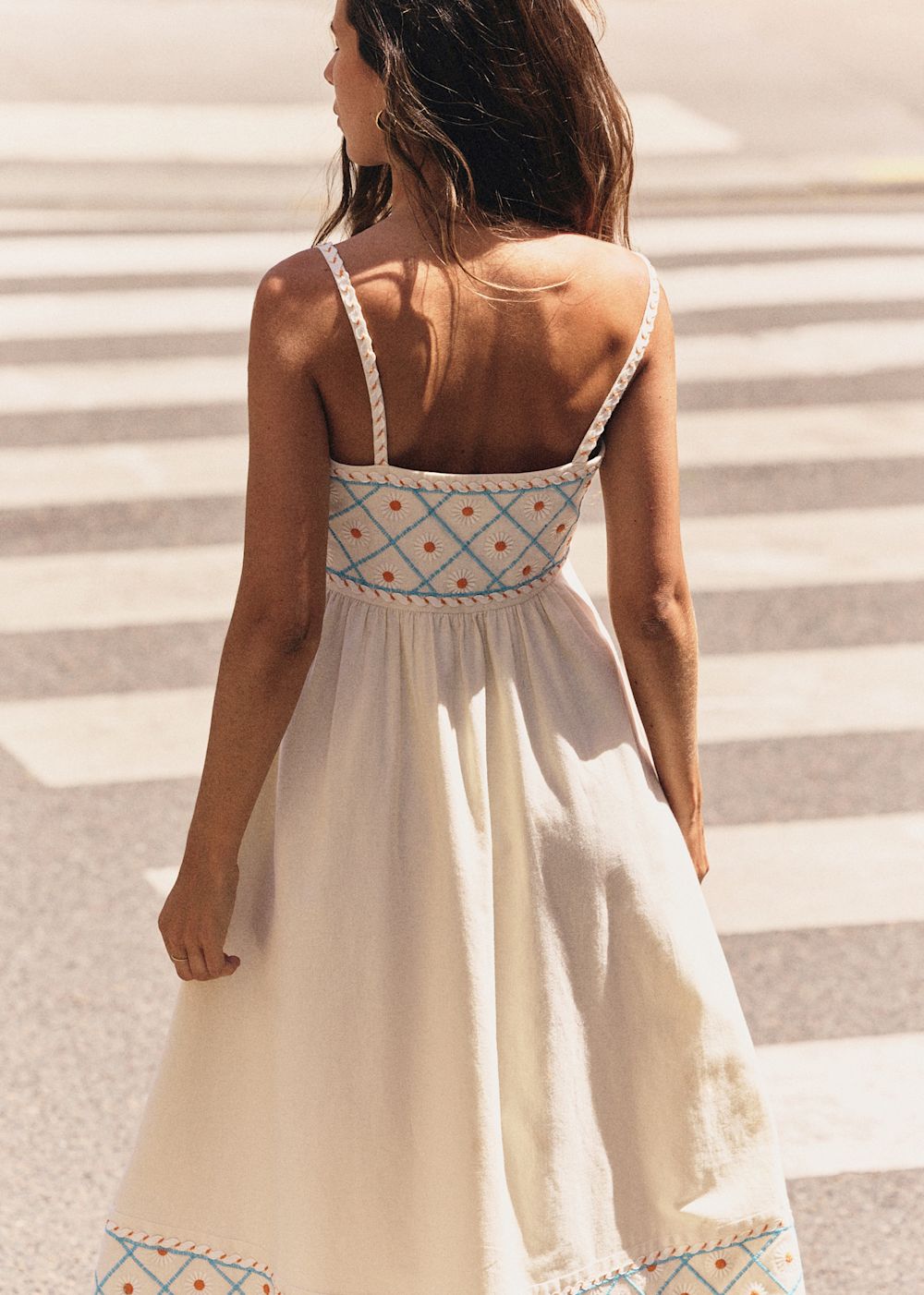 Erna Dress - Ecru With Daisy Blue Garden Placed Embroidery