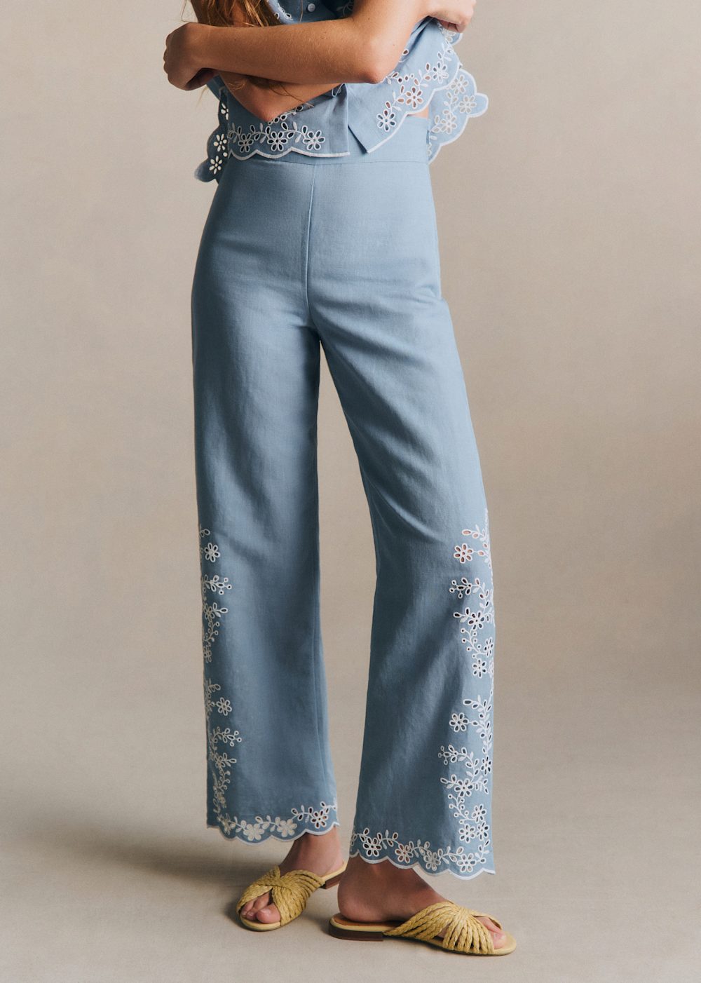 Fausto Trousers - Vintage Blue With Contrasting Ecru Embroidery
