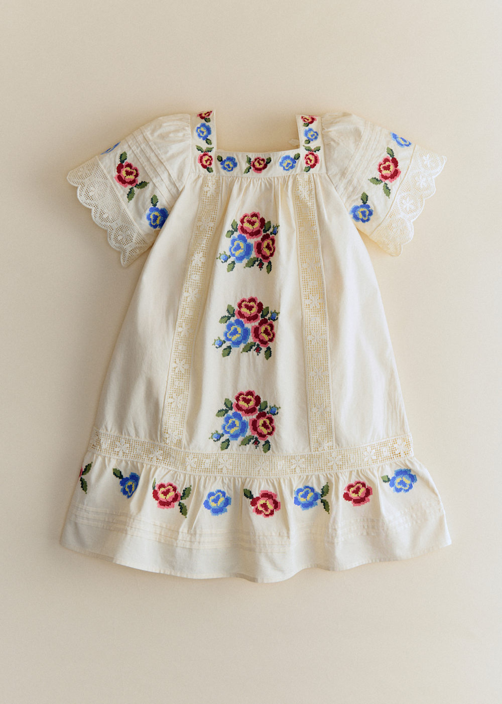 Liara Dress - Multicolor Flower Placement Embroidery Ecru Background