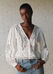 Henria Shirt  - Sézane x SEA NY - Ecru With Multicolored Embroidery