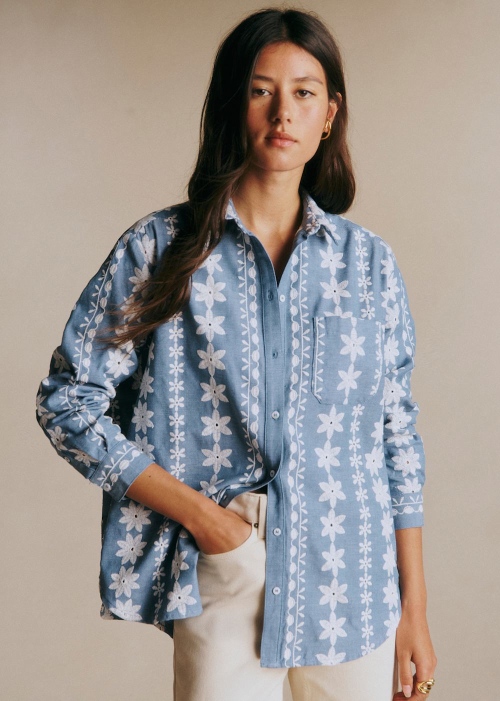 Max Shirt - Blue With Ecru Floral Frieze