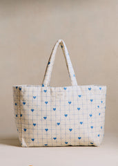 Canvas Bag - Vintage Blue Hearts Embroidery