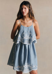 Vytta Dress - Broderie Contrastee Ecru Fond Bleu